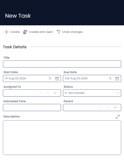 A screenshot of the &quot;New Task&quot; create screen. It contains fields such as: Title, Start Date, Due Date, Assigned To, Status, Estimated Time, Parent, and Description.